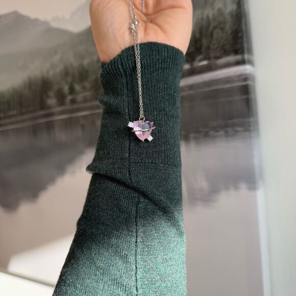 Y2k pink heart shape pink zirconia necklace on stainlesss steel silver chain - Picture 5 of 7